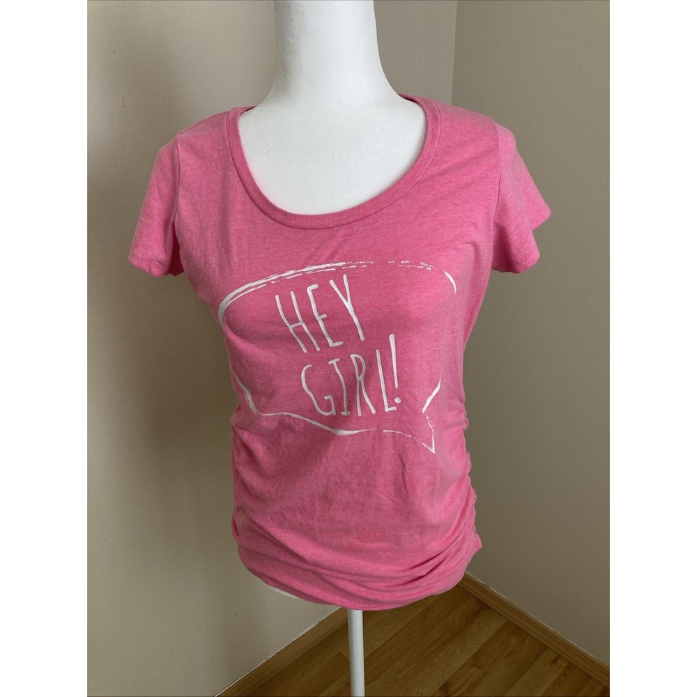 Motherhood Maternity Pink Hey Girl‎ Graphic Ruched Side T-Shirt Small Womens